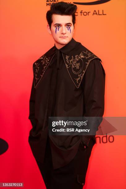 Gjon Muharremaj aka Gjon"u2019s Tears poses during the 2021 MTV Europe Music Awards at the Papp Laszlo Budapest Sports Arena, on November 14, 2021 in...