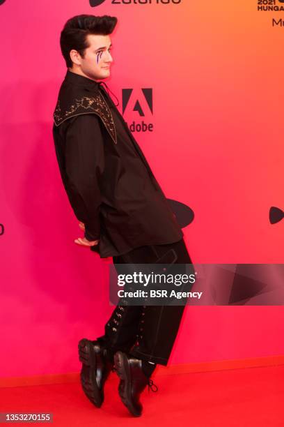 Gjon Muharremaj aka Gjon"u2019s Tears poses during the 2021 MTV Europe Music Awards at the Papp Laszlo Budapest Sports Arena, on November 14, 2021 in...