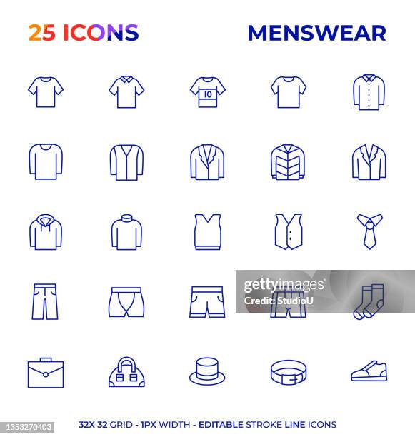 ilustraciones, imágenes clip art, dibujos animados e iconos de stock de serie de iconos de línea de trazo editable para hombre - abrigo