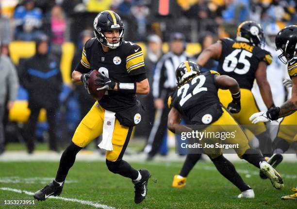 Mason Rudolph of the Pittsburgh Steelers looks to make a pass play against the Detroit Lions in the third quarter at Heinz Field on November 14, 2021...