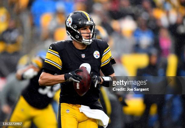 Mason Rudolph of the Pittsburgh Steelers looks to make a pass play against the Detroit Lions in the third quarter at Heinz Field on November 14, 2021...