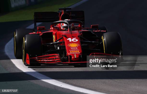 Charles Leclerc of Monaco driving the Scuderia Ferrari SF21 on track during the F1 Grand Prix of Brazil at Autodromo Jose Carlos Pace on November 14,...