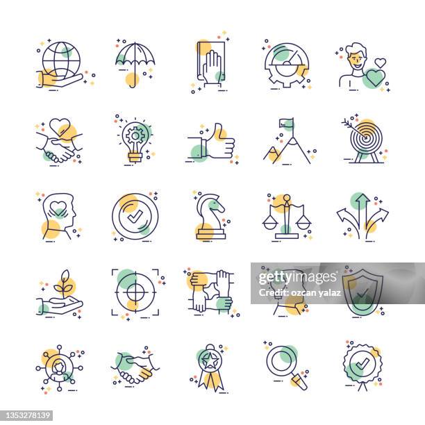 kernwerte liniensymbolsatz. - sehvermögen stock-grafiken, -clipart, -cartoons und -symbole