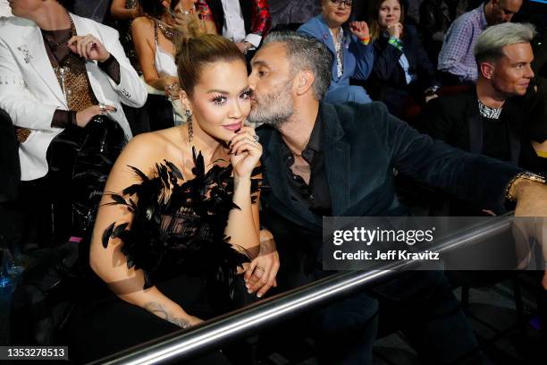 Rita Ora and Taika Waititi attend the MTV EMAs 2021 'Music for ALL' at the Papp Laszlo Budapest Sports Arena on November 14, 2021 in Budapest,...
