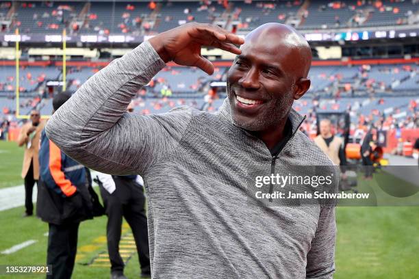 Former Denver Broncos running back Terrell Davis reacts before a game between the Denver Broncos and the Philadelphia Eagles at Empower Field At Mile...