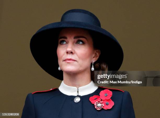 Catherine, Duchess of Cambridge attends the annual Remembrance Sunday service at The Cenotaph on November 14, 2021 in London, England.