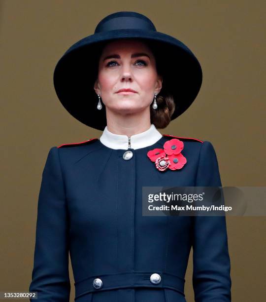Catherine, Duchess of Cambridge attends the annual Remembrance Sunday service at The Cenotaph on November 14, 2021 in London, England.