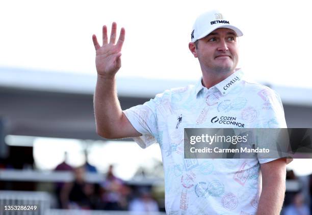 Jason Kokrak reacts after putting in to win on the 18th green during the final round of the Hewlett Packard Enterprise Houston Open at Memorial Park...