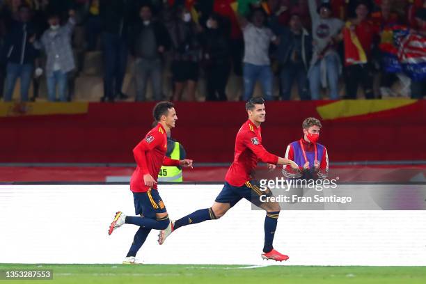 Alvaro Morata of Spain celebrates after scoring their side's first goal during the 2022 FIFA World Cup Qualifier match between Spain and Sweden at...