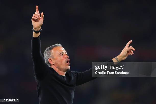 Luis Enrique, Head Coach of Spain celebrates after victory in the 2022 FIFA World Cup Qualifier match between Spain and Sweden at Estadio de La...