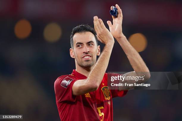 Sergio Busquets of Spain celebrates during the 2022 FIFA World Cup Qualifier match between Spain and Sweden at Estadio de La Cartuja on November 14,...