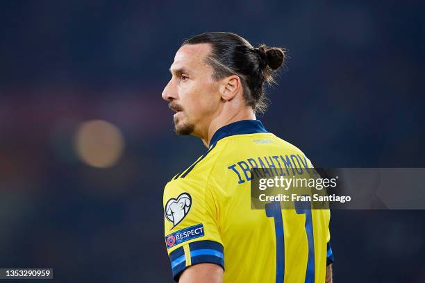 Zlatan Ibrahimovic of Sweden looks on during the 2022 FIFA World Cup Qualifier match between Spain and Sweden at Estadio de La Cartuja on November...