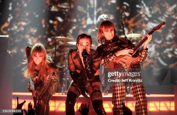 Victoria De Angelis, Damiano David, Thomas Raggi and Ethan Torchio of Maneskin perform at the MTV EMAs 2021 'Music for ALL' at the Papp Laszlo...