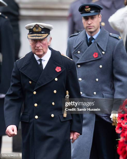 Prince Charles, Prince of Wales and Prince William, Duke of Cambridge attends the National Service of Remembrance at The Cenotaph on November 14,...