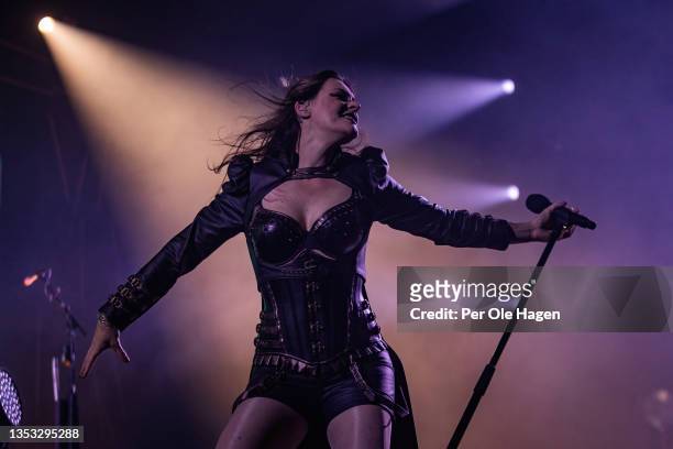 Floor Jansen from Nightwish performs on stage at Oslo Spektrum on November 14, 2021 in Oslo, Norway.