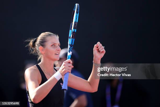 Karolina Pliskova of Czech Republic celebrates after match point in her singles match against Barbora Krejcikova of Czech Republic during 2021 Akron...