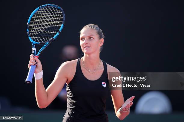 Karolina Pliskova of Czech Republic celebrates after match point in her singles match against Barbora Krejcikova of Czech Republic during 2021 Akron...