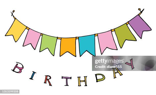 handgezeichnetes doodiertes geburtstagsbanner - birthday flag stock-grafiken, -clipart, -cartoons und -symbole