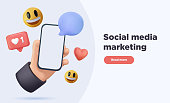 Social media concept. Marketing time. Realistic abstract 3d design. Cartoon style. In hand phone sends emoticons.