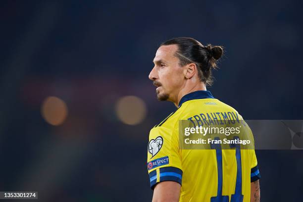 Zlatan Ibrahimovic of Sweden looks on during the 2022 FIFA World Cup Qualifier match between Spain and Sweden at Estadio de La Cartuja on November...