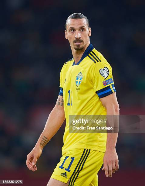 Zlatan Ibrahimovic of Sweden looks on during the 2022 FIFA World Cup Qualifier match between Spain and Sweden at Estadio de La Cartuja on November...