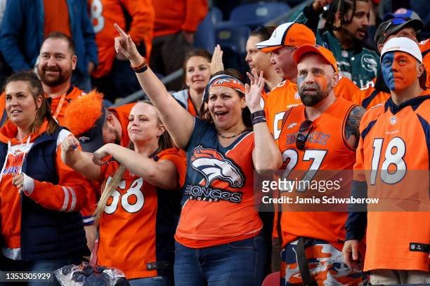 Denver Broncos fans reacts during the second half against the Philadelphia Eagles at Empower Field At Mile High on November 14, 2021 in Denver,...