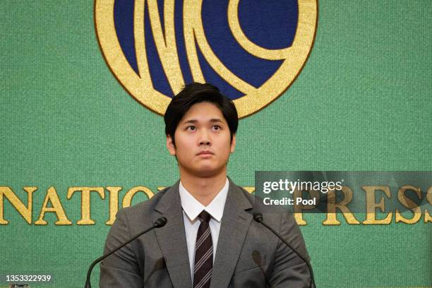 Shohei Ohtani of the Los Angeles Angels attends a press conference at the Japan National Press Club on November 15, 2021 in Tokyo, Japan.