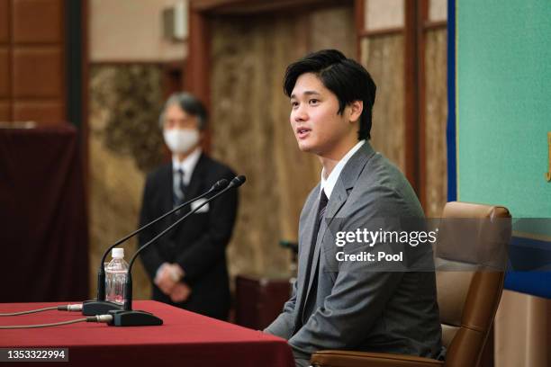 Shohei Ohtani of the Los Angeles Angels attends a press conference at the Japan National Press Club on November 15, 2021 in Tokyo, Japan.