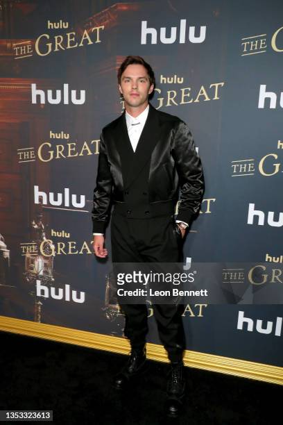Nicholas Hoult attends the premiere of Hulu's "The Great" at Sunset Room Hollywood on November 14, 2021 in Los Angeles, California.