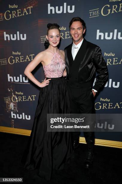 Elle Fanning and Nicholas Hoult attend the premiere of Hulu's "The Great" at Sunset Room Hollywood on November 14, 2021 in Los Angeles, California.