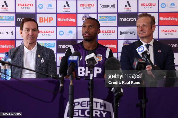 Daniel Sturridge of the Glory addresses the media with club owner Tony Sage and CEO Tony Pignata during a Perth Glory A-League Media Opportunity at...