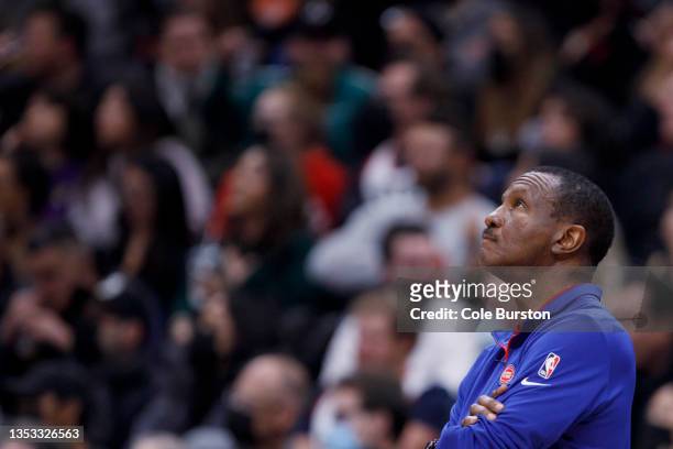 Dwayne Casey, head coach of the Detroit Pistons during their NBA game against the Toronto Raptors at Scotiabank Arena on November 13, 2021 in...