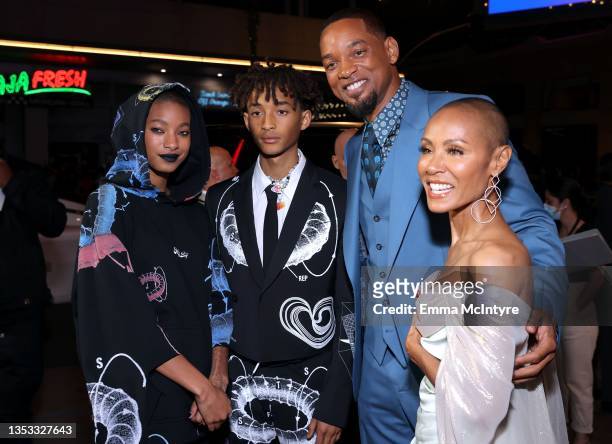 Willow Smith, Jaden Smith, Will Smith, and Jada Pinkett Smith attend the 2021 AFI Fest Closing Night Premiere of Warner Bros. "King Richard" at TCL...
