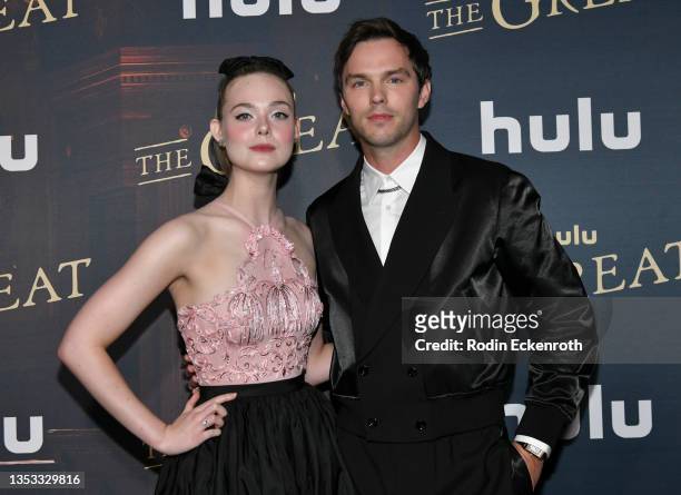 Elle Fanning and Nicholas Hoult attend Los Angeles premiere of Hulu's "The Great" at Sunset Room Hollywood on November 14, 2021 in Los Angeles,...