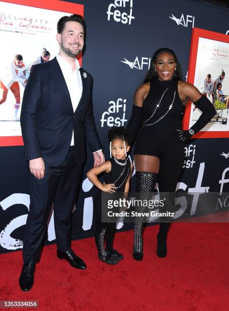 Alexis Ohanian, Olympia Ohanian Jr, and Serena Williams arrives at the 2021 AFI Fest: Closing Night Premiere Of Warner Bros. "King Richard" at TCL...