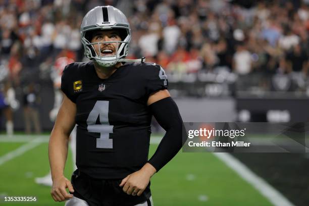 Derek Carr of the Las Vegas Raiders reacts after throwing a 37-yard touchdown to Bryan Edwards against the Kansas City Chiefs in the second half of...