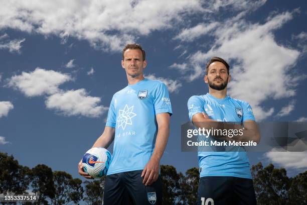 Milos Ninkovic and Alex Wilkinson pose during a Sydney FC A-League media opportunity at Macquarie Uni on November 15, 2021 in Sydney, Australia.