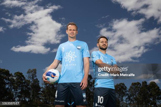 Milos Ninkovic and Alex Wilkinson pose during a Sydney FC A-League media opportunity at Macquarie Uni on November 15, 2021 in Sydney, Australia.