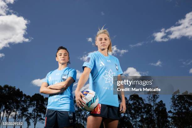 Remy Siemsen and Maria Jose Rojas pose during a Sydney FC A-League media opportunity at Macquarie Uni on November 15, 2021 in Sydney, Australia.