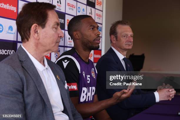 Daniel Sturridge of the Glory addresses the media with club owner Tony Sage and CEO Tony Pignata during a Perth Glory A-League Media Opportunity at...