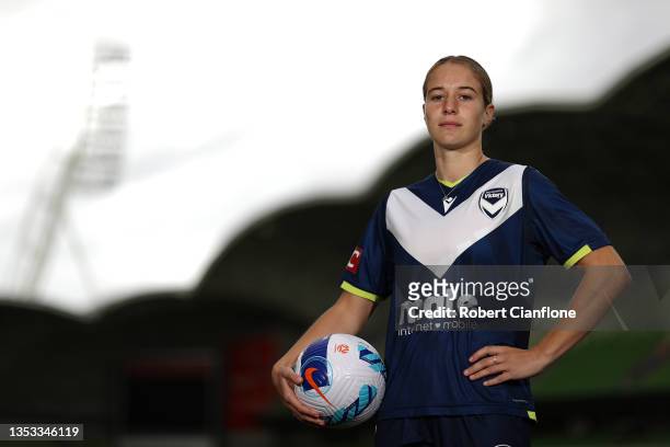 Courtney Nevin of the Victory poses during an A-League media opportunity at AAMI Park on November 15, 2021 in Melbourne, Australia.