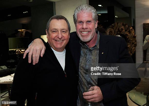 Tom Sherak, actor Ron Perlman and designer Opal Stone attend the Opal Stone Luxury Handbags And Fine Jewelry Launch at Gray Gallery on December 8,...