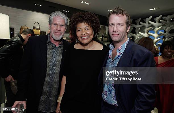 Actor Ron Perlman, Opal Stone and Thomas Jane attends the Opal Stone Luxury Handbags And Fine Jewelry Launch at Gray Gallery on December 8, 2011 in...