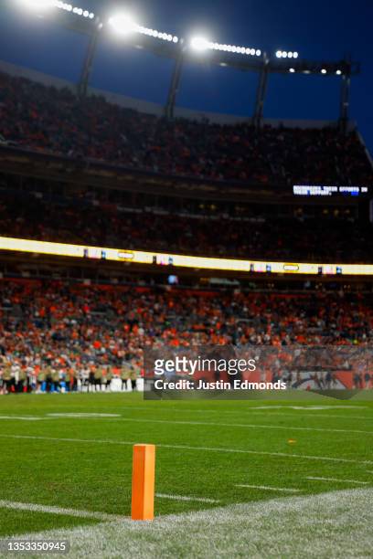 Detailed view of an end zone pylon during the second half of an NFL game between the Denver Broncos and the Philadelphia Eagles at Empower Field at...