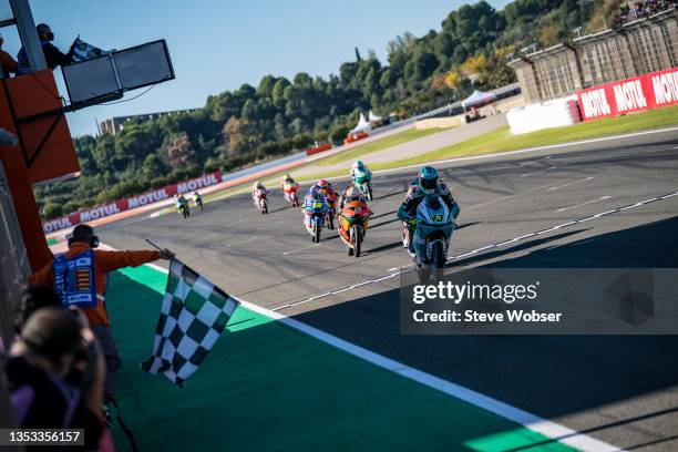Moto3 rider Xavier Artigas of Spain and Leopard Racing crosses the line and wins the race during the race of the MotoGP Gran Premio Motul de la...