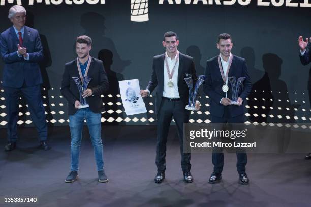 Jordi Torres of Spain and Pons Racing 40 celebrates during the 2021 Awards Ceremony after the MotoGP of Comunitat Valenciana: Race at Ricardo Tormo...