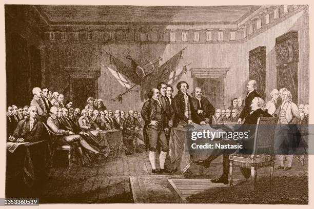 signing the declaration of independence in philadelphia - signing prints stock illustrations