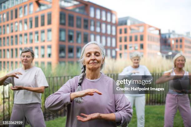 group of senior women doing exercise outdoors in town park. - woman and tai chi stock pictures, royalty-free photos & images