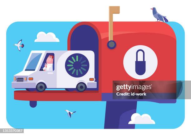 illustrazioni stock, clip art, cartoni animati e icone di tendenza di van driver che agita e attende il download dei dati dalla cassetta postale - serrato