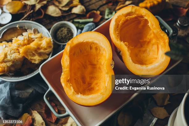 fresh pumpkin prepared for roasting - squash seeds bildbanksfoton och bilder